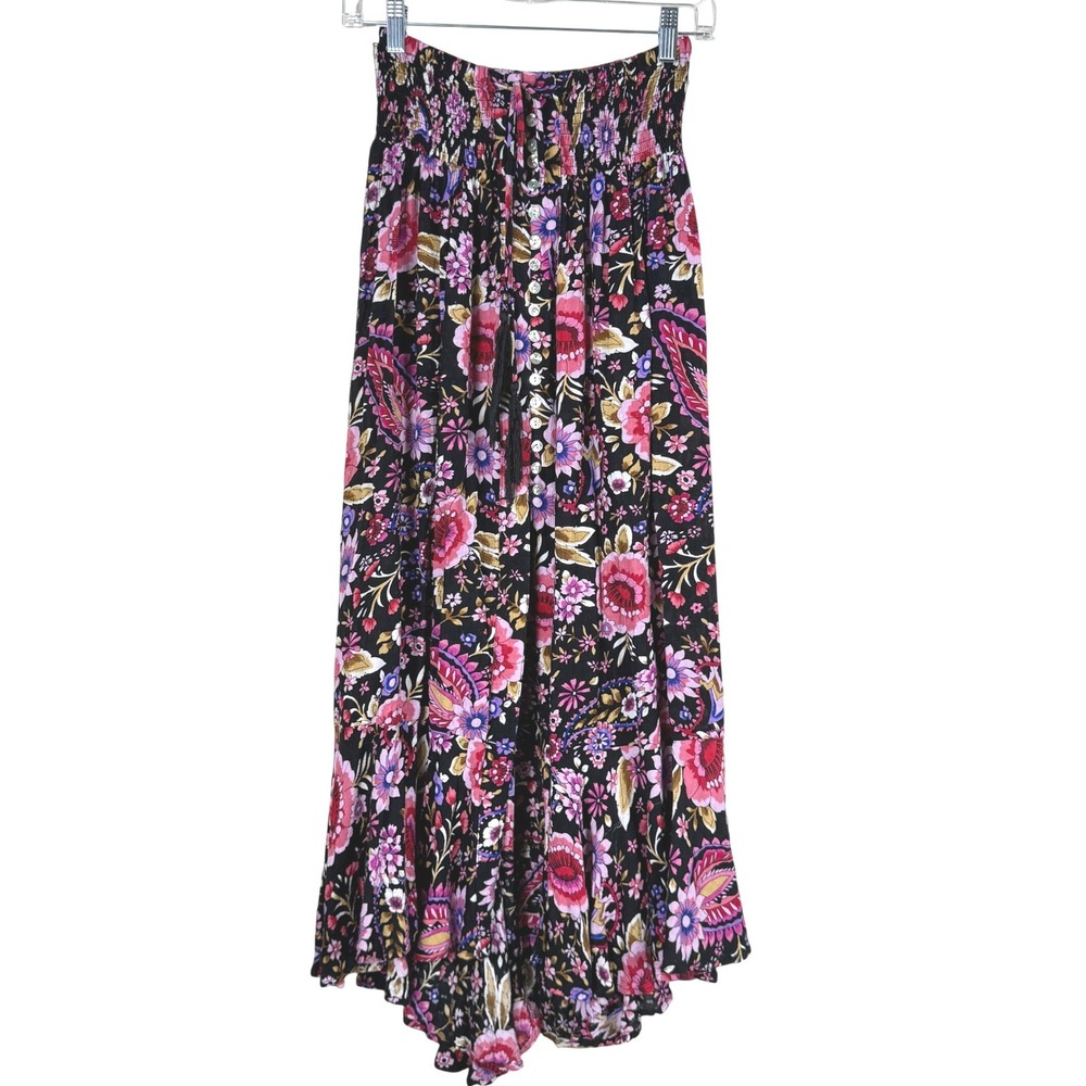 VTG Cynthia Rowley Floral Maxi Skirt Size S Black Pink Tiered Boho Smocked Fairy - Picture 2 of 8